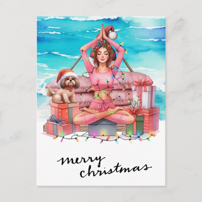 Yoga Woman with Gift at Beach Christmas themed Holiday Postcard (Front)