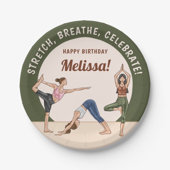 Yoga Women Green Beige Boho Yoga Birthday Party Paper Plate (Front)