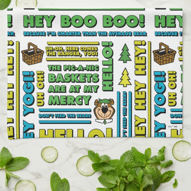 Yogi Bear's Picnic Quotes & Fun Phrases Pattern Tea Towel (Folded)