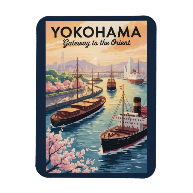 Yokohama Japan Illustration Travel Art Vintage Magnet (Vertical)