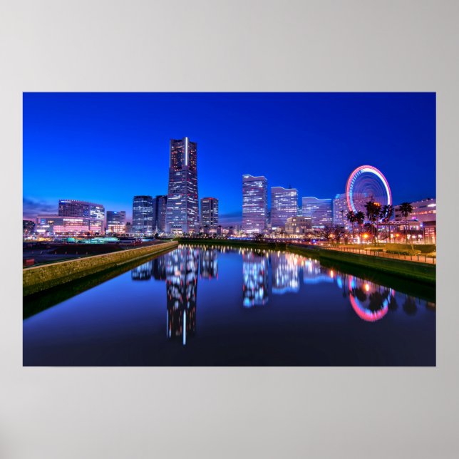 Yokohama Skyline At Dusk Poster (Front)