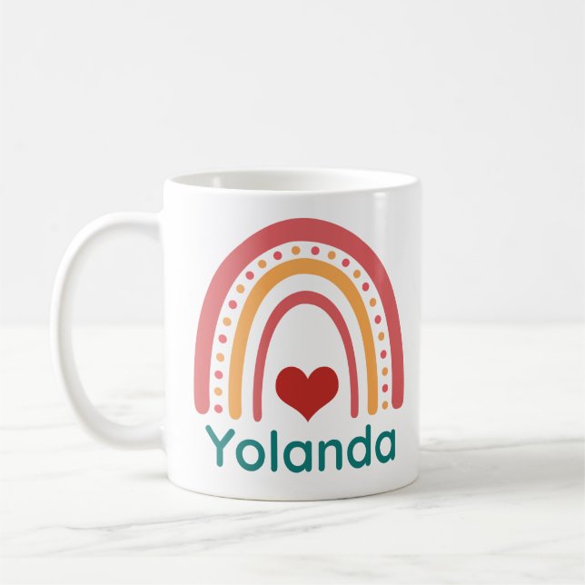 Yolanda Name Vintage Boho Rainbow Coffee Mug (Left)
