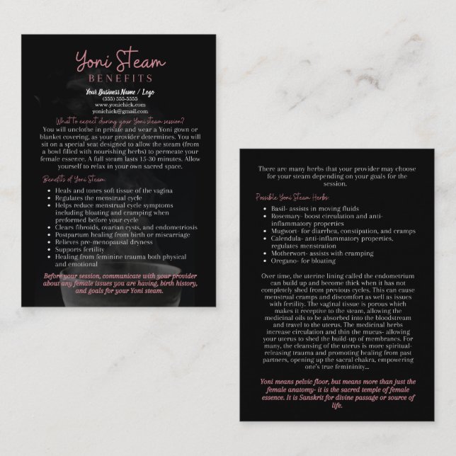 Yoni Steam Benefits Infocard Business Card (Front/Back)