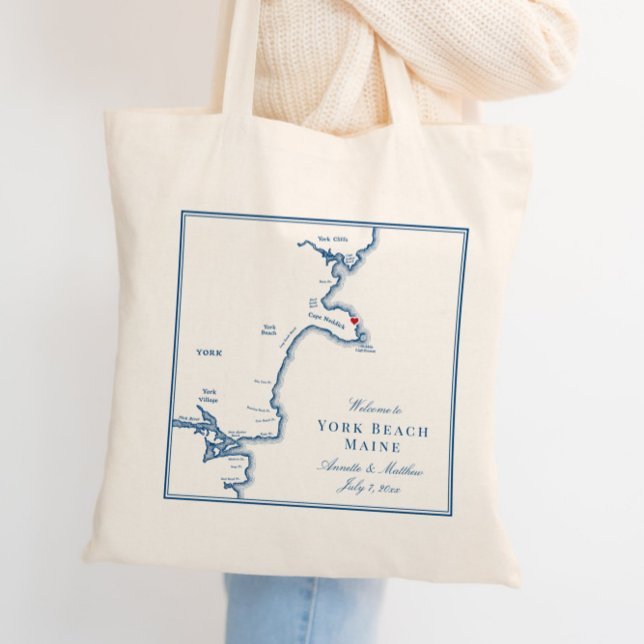 York Beach Maine Map Elegant Wedding Welcome Tote Bag (These York Beach, Maine map Wedding Tote Bags are perfect for your coastal destination wedding.)