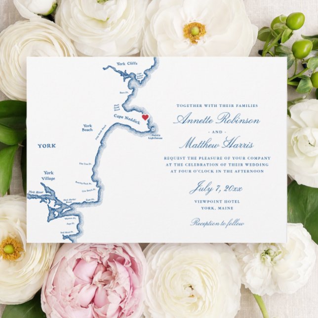 York Maine Elegant Navy Map Wedding Invitation (Viewpoint Hotel Wedding Invitation with York Maine Map in elegant navy blue by Coastal Map Designs)