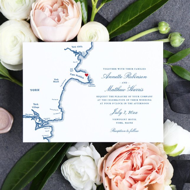 York Maine Elegant Navy Map Wedding Invitation (These York )