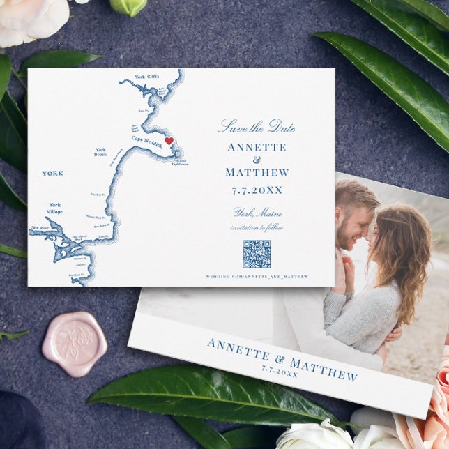 York Maine Map Navy Destination Wedding Save The Date (These QR code Maine map Save the Dates are perfect for your York, Maine Destination wedding)