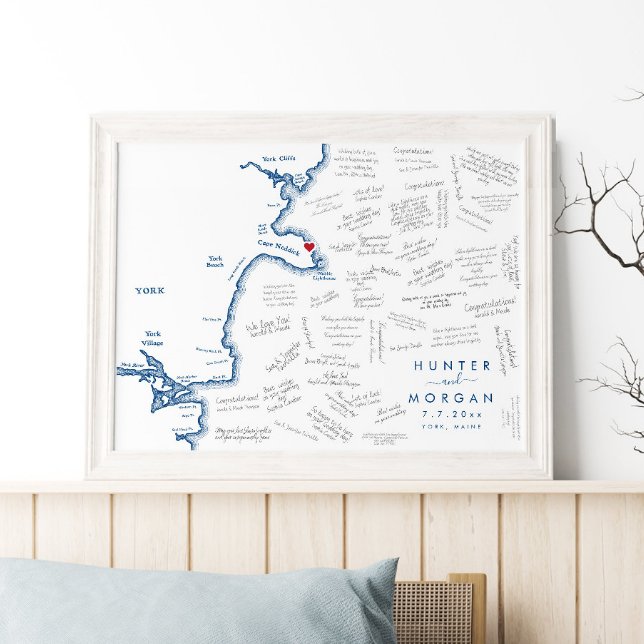 York Maine Wedding Modern Map Guest Book Poster (This York Maine Map guestbook poster is perfect for your destination wedding to Cape Neddick)