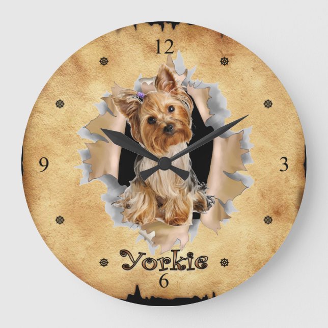 Yorkie Breaks Through Paper Bag Clock!  ~ Large Clock (Front)