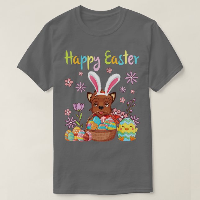 Yorkie Bunny Dog Dancing Flower Eggs Chick Happy E T-Shirt (Design Front)
