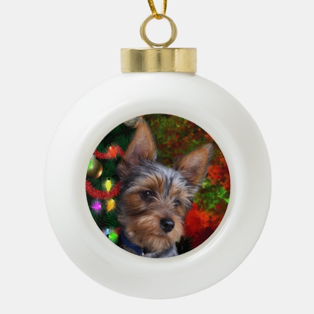 Yorkie Christmas Ceramic Ball Christmas Ornament (Front)