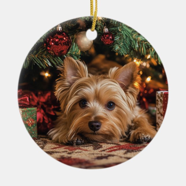 Yorkie Christmas Ceramic Tree Decoration (Front)
