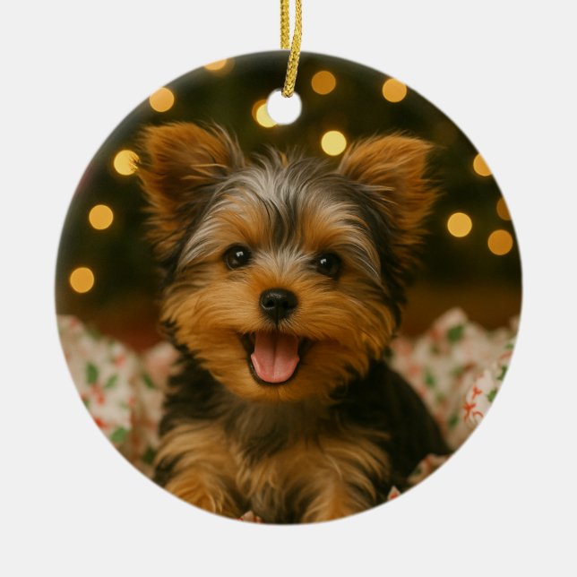 Yorkie Christmas Ceramic Tree Decoration (Front)