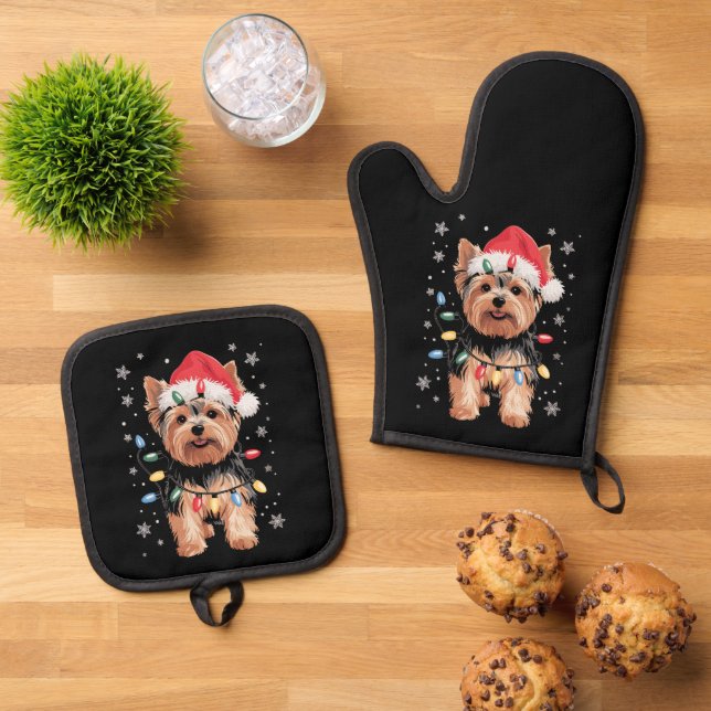 Yorkie Christmas Dog Long Xmas Gift Oven Mitt & Pot Holder Set (Top Down)