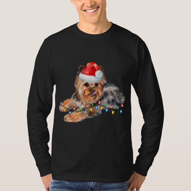 Yorkie Christmas Light Puppy Dog Xmas Funny T-Shirt (Front)