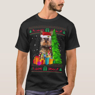 Yorkie Christmas Tree Light Santa Hat Dog Lover Sw T-Shirt