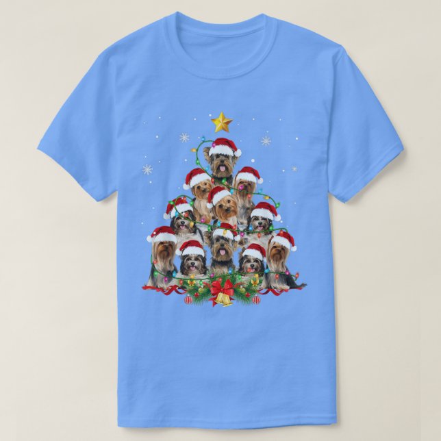 Yorkie Christmas Tree Lights Santa Hat Xmas Yorkie T-Shirt (Design Front)