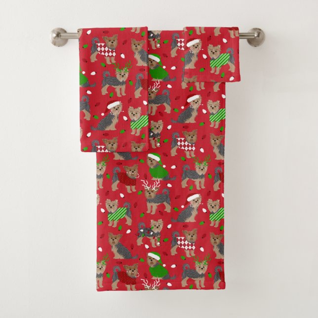 Yorkie Christmas Yorkshire Terrier Dog Bath Towel Set (Insitu)