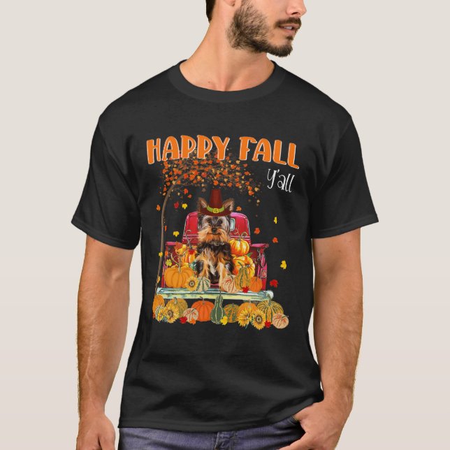 Yorkie Dog Autumn Fall Pumpkin Truck Mappe Thanksg T-Shirt (Front)