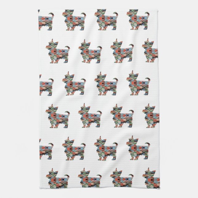 Yorkie Dog Breed Geo Silhouette Plaid Tea Towel (Vertical)