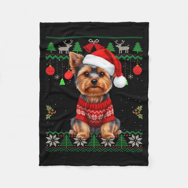 Yorkie Dog Christmas Wearing Ugly Christmas Sweate Fleece Blanket (Front)
