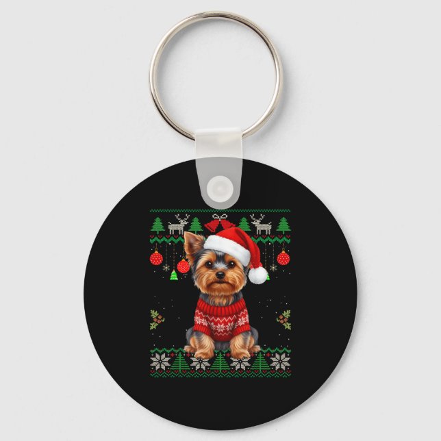 Yorkie Dog Christmas Wearing Ugly Christmas Sweate Key Ring (Front)