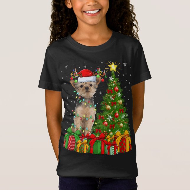 Yorkie Dog Lighting Xmas Tree Santa Hat Yorkie Chr T-Shirt (Front)