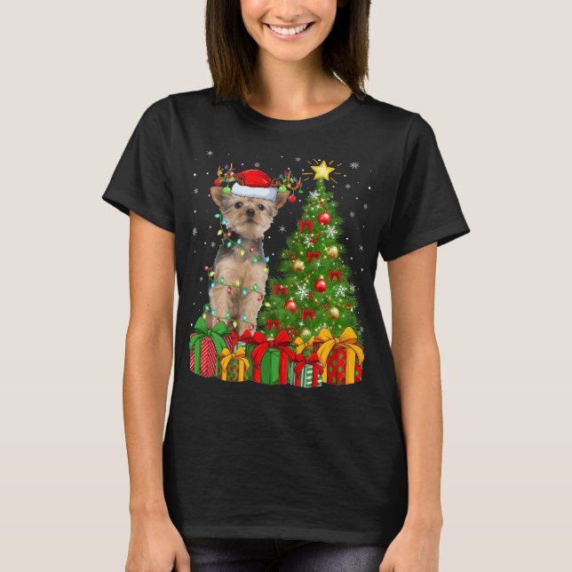Yorkie Dog Lighting Xmas Tree Santa Hat Yorkie Chr T-Shirt (Front)