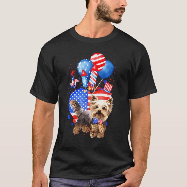 Yorkie Dog Merica 4th Of July American Flag T-Shirt (Front)