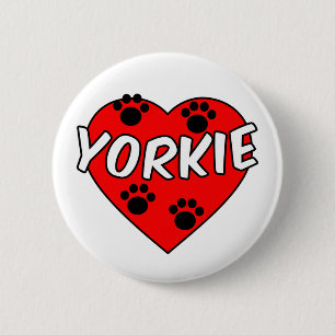 Yorkie Dog Paw Prints And Red Heart 6 Cm Round Badge