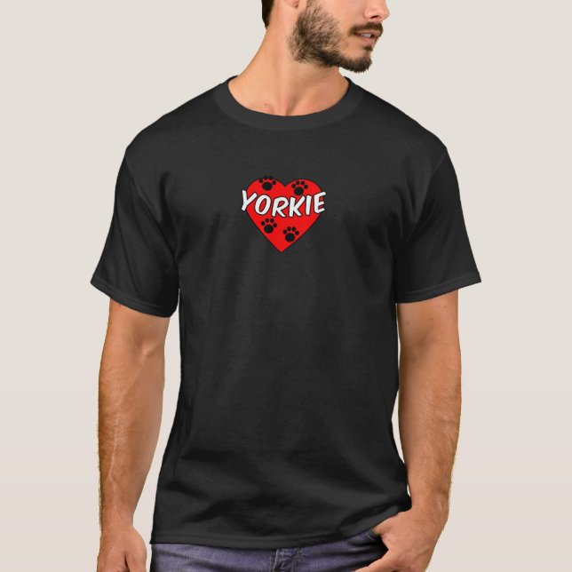 Yorkie Dog Paw Prints And Red Heart T-Shirt (Front)