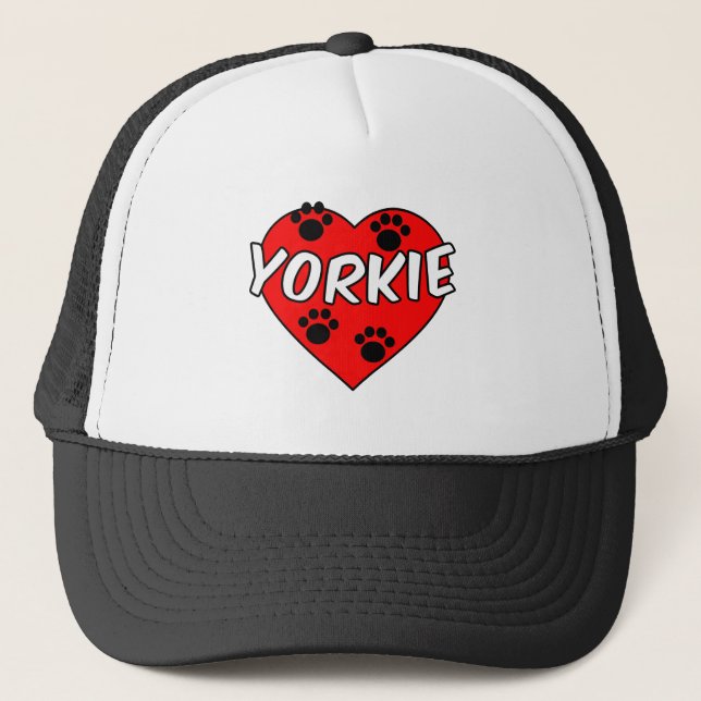 Yorkie Dog Paw Prints And Red Heart Trucker Hat (Front)