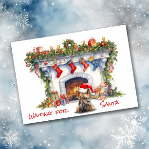 Yorkie Dog Waiting for Santa Christmas Fireplace