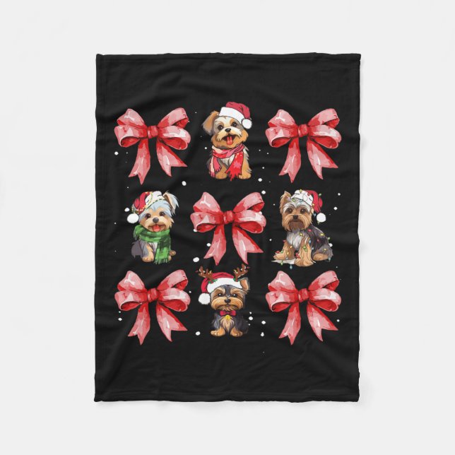 Yorkie Dogs Cute Coquette Bow Christmas Pet Animal Fleece Blanket (Front)