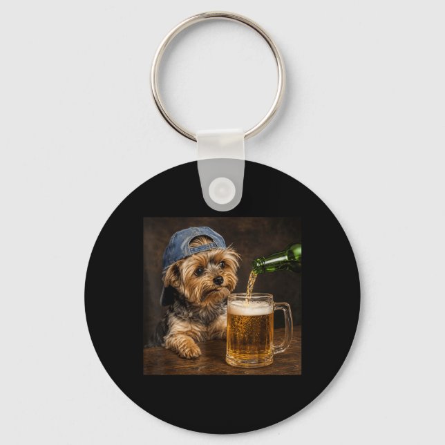 Yorkie Drinking Beer Funny Dog Meme Design Key Ring (Front)