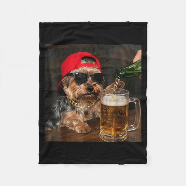 Yorkie Drinking Beer Funny Dog Meme Graphic Fleece Blanket (Front)