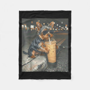 Yorkie drinking iced coffee funny animal meme dog fleece blanket