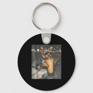 Yorkie drinking iced coffee funny animal meme dog key ring