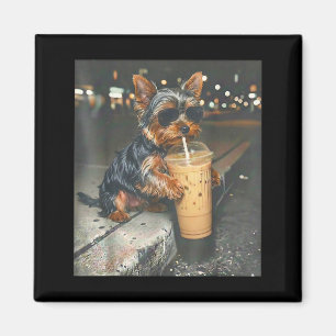 Yorkie drinking iced coffee funny animal meme dog magnet