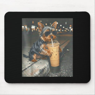 Yorkie drinking iced coffee funny animal meme dog mouse pad