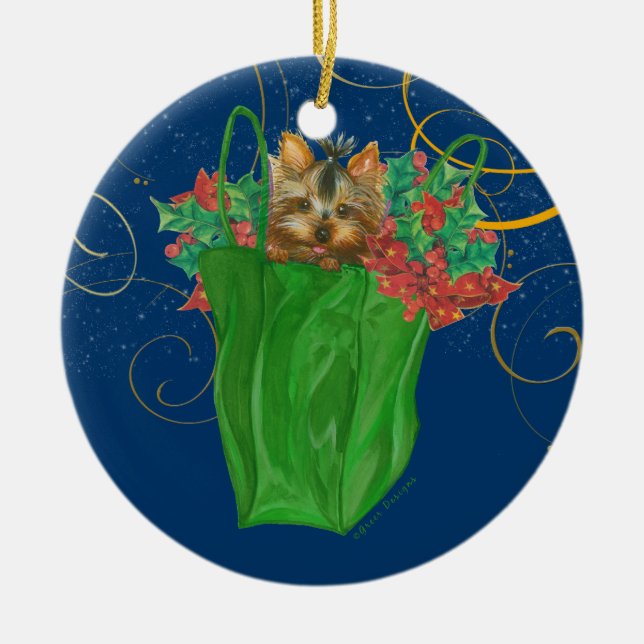 Yorkie in a Christmas Bag Ceramic Tree Decoration (Front)