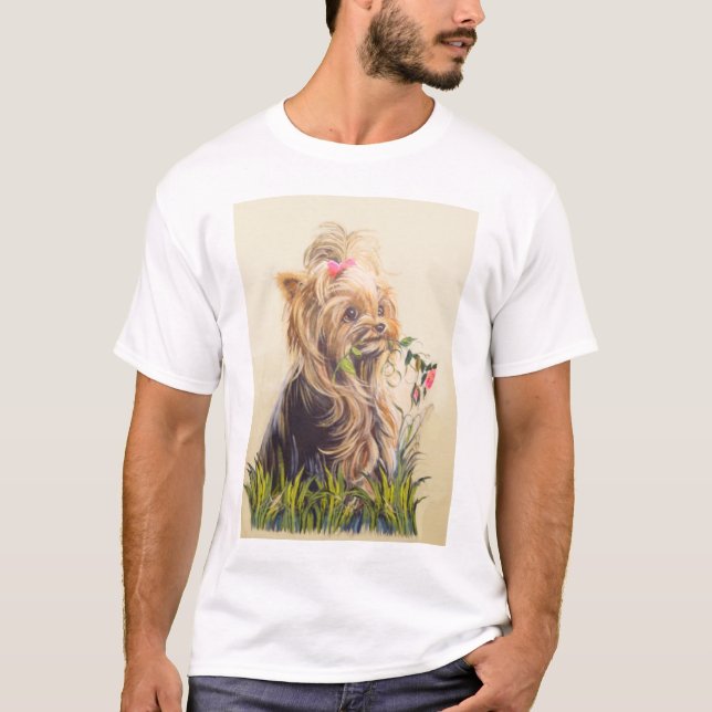 "Yorkie in the Garden" T-Shirt (Front)