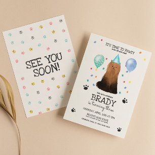 Yorkie Lets Pawty Dog Birthday Invitation Blue
