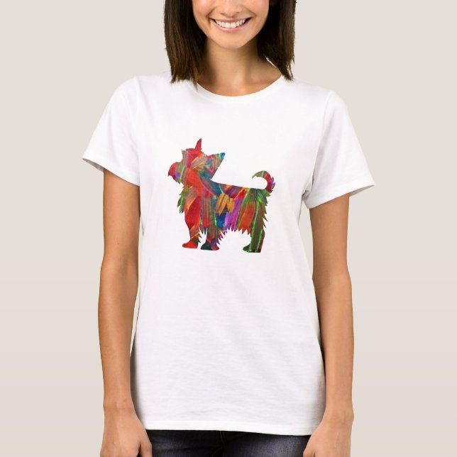 Yorkie Multi Coloured Painted Dog Silhouette T-Shirt (Front)