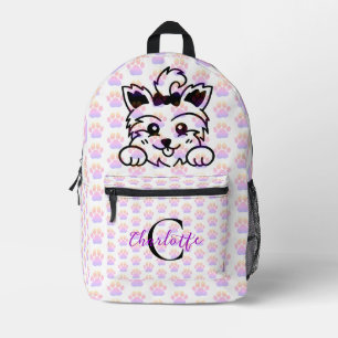Yorkie Puppy Dog Colourful Paw Prints Monogram Printed Backpack