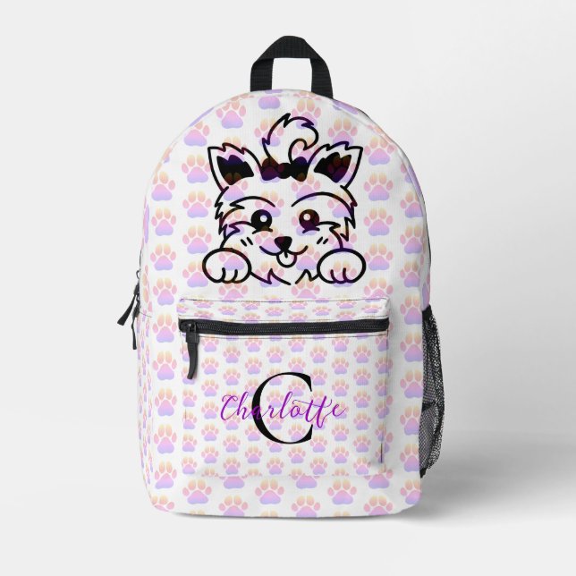 Yorkie Puppy Dog Colourful Paw Prints Monogram Printed Backpack (Front)