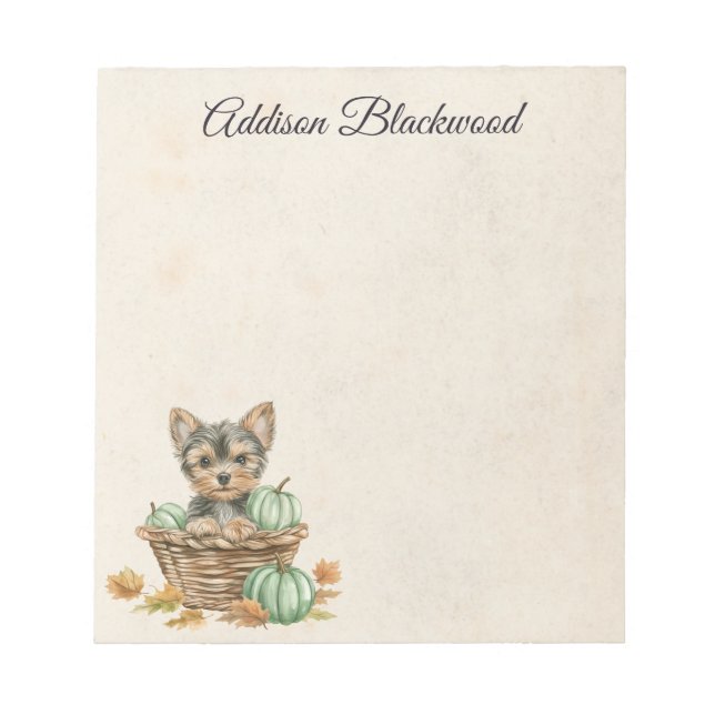 Yorkie Puppy Fall Leaves and Pumpkins Personalised Notepad (Front)
