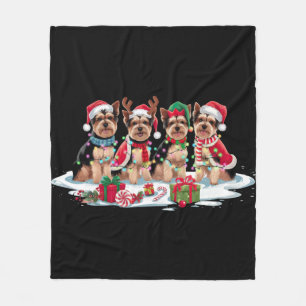 Yorkie Santa hat antlers elf Christmas lights  Fleece Blanket