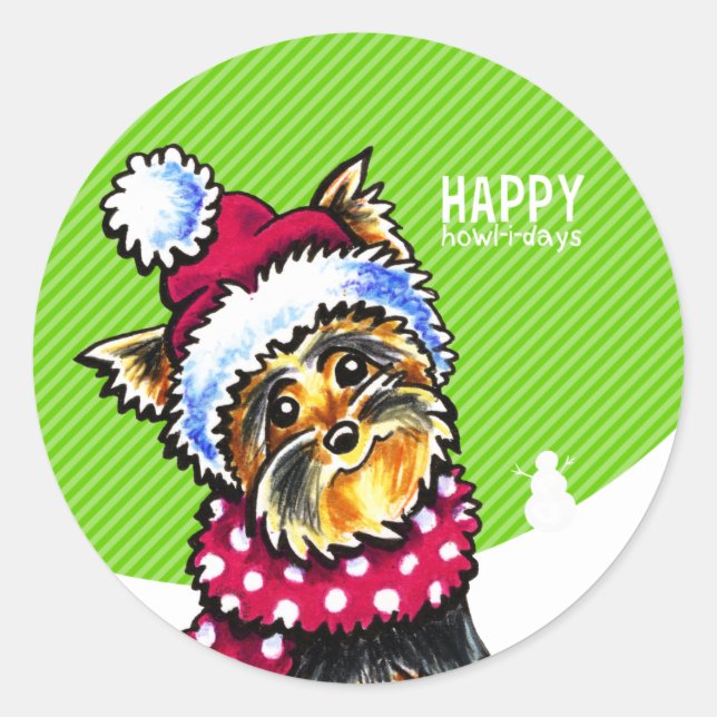 Yorkie Scarf Christmas Happy Howl-i-days Classic Round Sticker (Front)