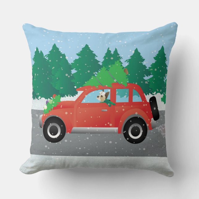 Yorkie Terrier dog Driving a Christmas Car Cushion (Front)